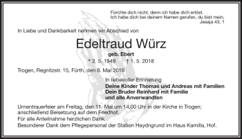Traueranzeige von Edeltraud Würz von Frankenpost