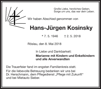 Traueranzeige von Hans-Jürgen Kosinsky von Frankenpost