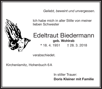 Traueranzeige von Edeltraut Biedermann von Frankenpost