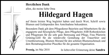 Traueranzeige von Hildegard Hagen von Neue Presse Coburg