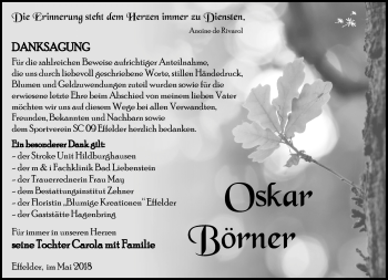 Traueranzeige von Oskar Börner von Südthüringer Presse