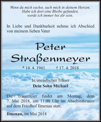 Traueranzeige von peter Straßenmeyer von Südthüringer Presse