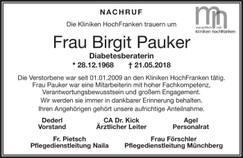 Traueranzeige von Birgit Pauker von Frankenpost