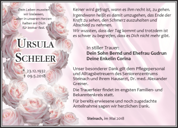 Traueranzeige von Ursula Scheler von Südthüringer Presse