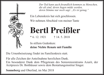 Traueranzeige von Bertl Preißler von Südthüringer Presse