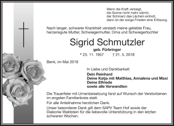 Traueranzeige von Sigrid Schmutzler von Frankenpost