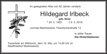 Traueranzeige von Hildegard Irlbeck von Frankenpost