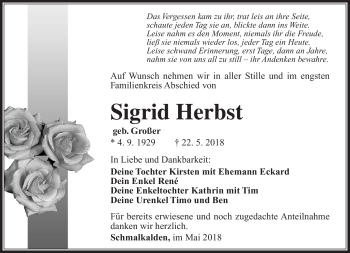 Traueranzeige von Sigrid Herbst von Südthüringer Presse