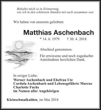 Traueranzeige von Matthias Aschenbach von Südthüringer Presse