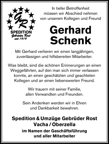 Traueranzeige von Gerd Schenk von Südthüringer Presse