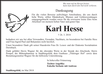Traueranzeige von Karl Hesse von Südthüringer Presse