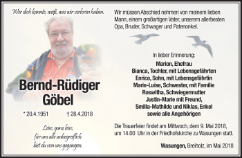 Traueranzeige von Bernd-Rüdiger Göbel von Südthüringer Presse