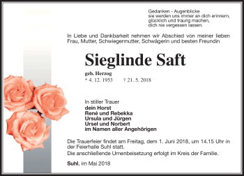 Traueranzeige von Sieglinde Saft von Südthüringer Presse