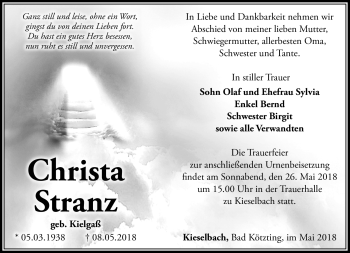 Traueranzeige von Christa Stranz von Südthüringer Presse