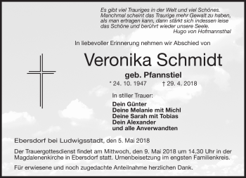 Traueranzeige von Veronika Schmidt von Neue Presse Coburg