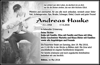 Traueranzeige von Andreas Hauke von Südthüringer Presse