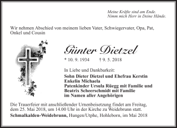 Traueranzeige von Günter Dietzel von Südthüringer Presse