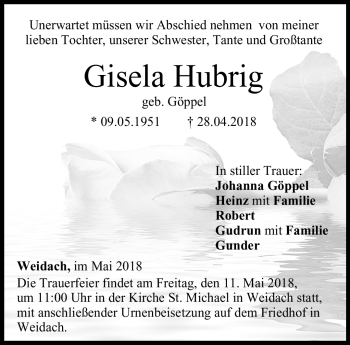 Traueranzeige von Gisela Hubrig von Neue Presse Coburg