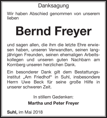 Traueranzeige von Bernd Freyer von Südthüringer Presse