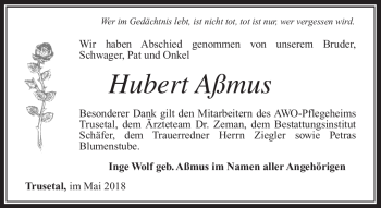 Traueranzeige von Hubert Aßmus von Südthüringer Presse