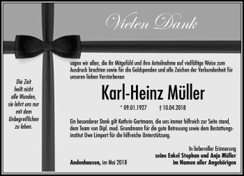 Traueranzeige von Karl-Heinz Müller von Südthüringer Presse