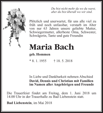 Traueranzeige von Maria Bach von Südthüringer Presse