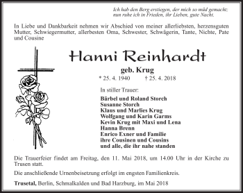 Traueranzeige von Hanni Reinhardt von Südthüringer Presse
