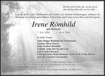 Traueranzeige von Irene Römhild von Südthüringer Presse