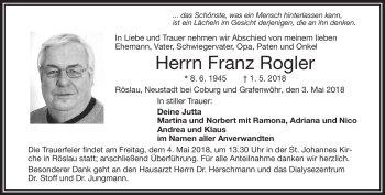 Traueranzeige von Franz Rogler von Frankenpost