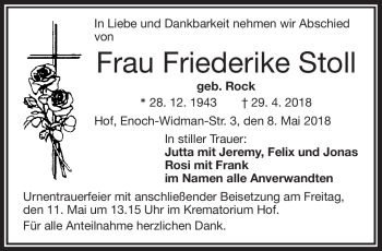 Traueranzeige von Friederike Stoll von Frankenpost