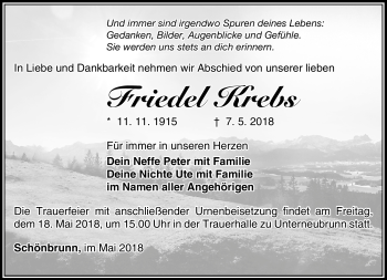 Traueranzeige von Friedel Krebs von Südthüringer Presse