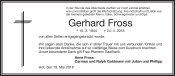 Traueranzeige von Gerhard Foss von Frankenpost