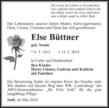 Traueranzeige von Else Büttner von Südthüringer Presse
