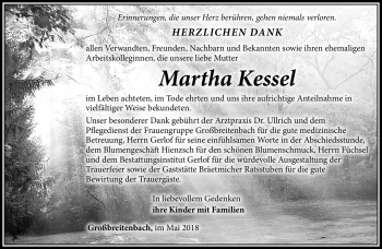 Traueranzeige von Martha Kessel von Südthüringer Presse