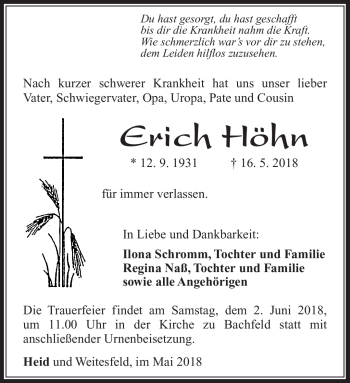Traueranzeige von Erich Höhn von Südthüringer Presse