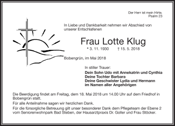 Traueranzeige von Lotte Klug von Frankenpost