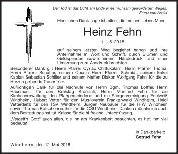 Traueranzeige von Heinz Fehn von Neue Presse Coburg