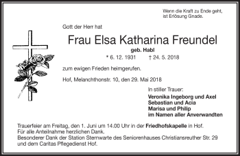 Traueranzeige von Elsa Katharina Freundel von Frankenpost