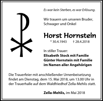 Traueranzeige von Horst Horststein von Südthüringer Presse