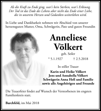 Traueranzeige von Anneliese Völkert von Südthüringer Presse
