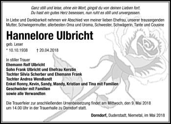 Traueranzeige von Hannelore Ulbricht von Südthüringer Presse