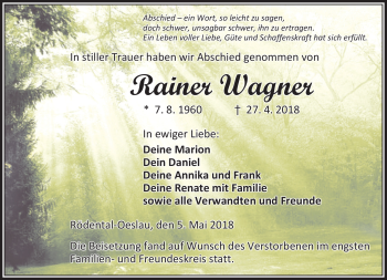 Traueranzeige von Rainer Wagner von Neue Presse Coburg