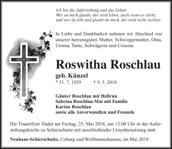 Traueranzeige von Roswitha Roschlau von Südthüringer Presse