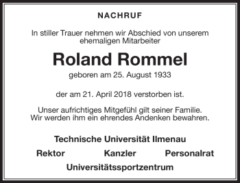 Traueranzeige von Roland Rommel von Südthüringer Presse