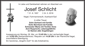 Traueranzeige von Josef Schlicht von Frankenpost