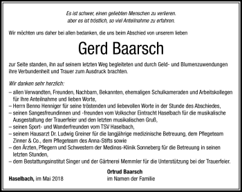 Traueranzeige von Gerd Baarsch von Südthüringer Presse