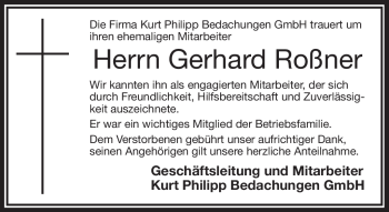 Traueranzeige von Gerhard Roßner von Frankenpost