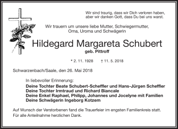 Traueranzeige von Hildegard Margareta Schubert von Frankenpost