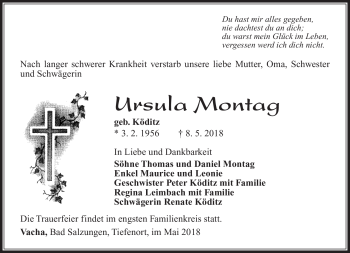 Traueranzeige von Ursula Montag von Südthüringer Presse