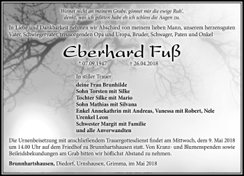 Traueranzeige von Eberhard Fuß von Südthüringer Presse